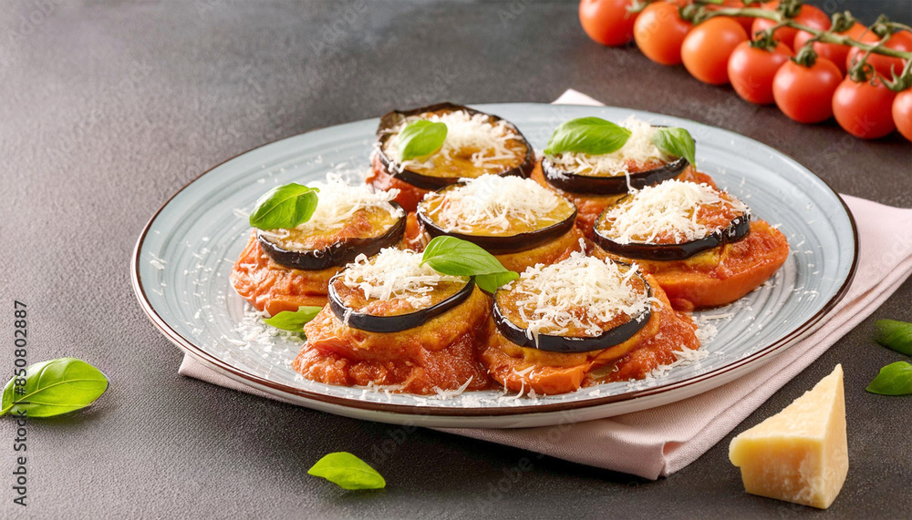 Eggplant parmigiana garnished with basil leaves and freshly grated parmesan cheese. Eggplant parmigiana garnished with basil leaves and freshly grated parmesan cheese.