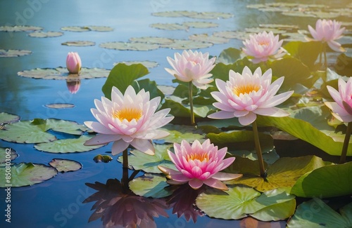 Clear water with pink lotuses, resulting in a serene flower setting © lal khan
