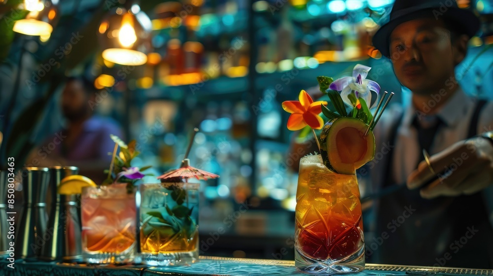 high-end cocktail lounge with mixologists creating elaborate and visually stunning drinks AI generated high-end cocktail lounge with mixologists creating elaborate and visually stunning drinks AI generated