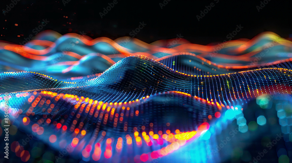 An immersive 3D illustration of an abstract digital landscape with flowing particles resembling waves An immersive 3D illustration of an abstract digital landscape with flowing particles resembling waves