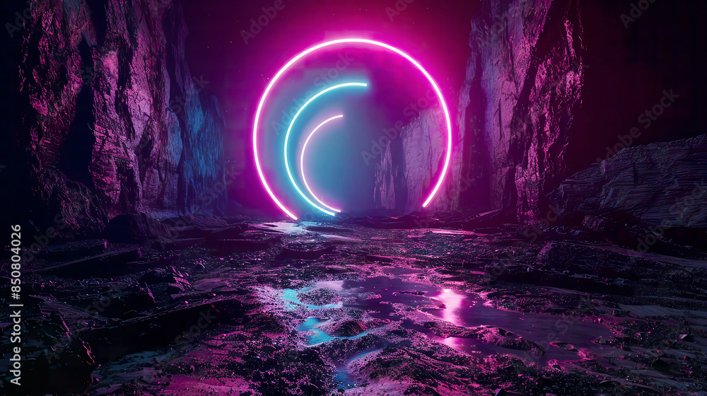 An immersive 3D render of an abstract cosmic landscape featuring a round portal with pink and blue neon light a virtual reality energy source with a glowing round frame in dark space An immersive 3D render of an abstract cosmic landscape featuring a round portal with pink and blue neon light a virtual reality energy source with a glowing round frame in dark space