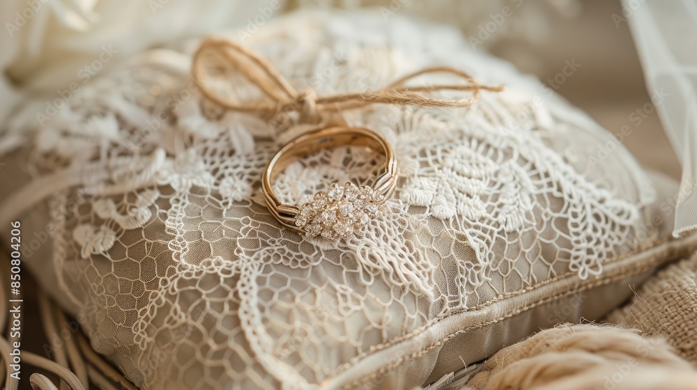 Lace and twine adorned ring resting on a pillow Lace and twine adorned ring resting on a pillow
