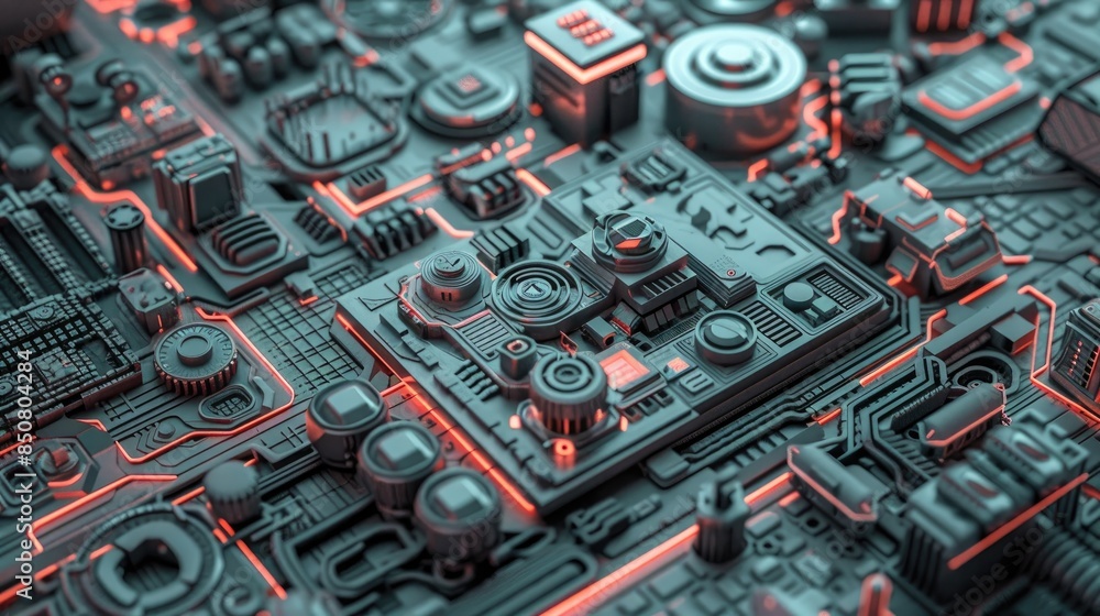 Close-up view of a detailed futuristic circuit board with intricate components and red neon glow, showcasing advanced technology. Close-up view of a detailed futuristic circuit board with intricate components and red neon glow, showcasing advanced technology.