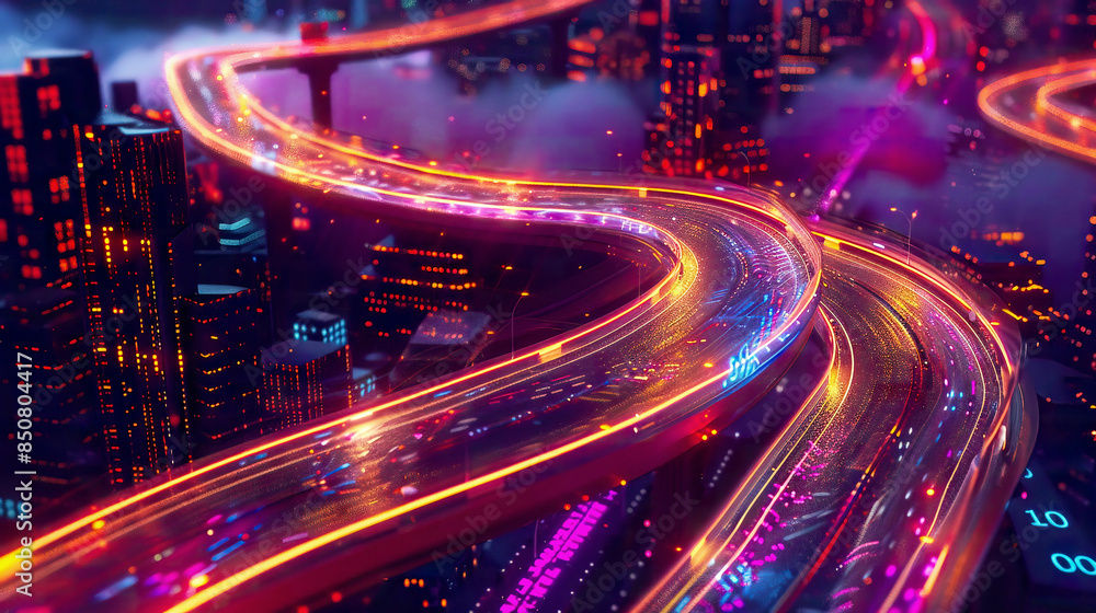 An immersive 3D rendering of an abstract highway path cutting through digital binary towers in a cityscape An immersive 3D rendering of an abstract highway path cutting through digital binary towers in a cityscape