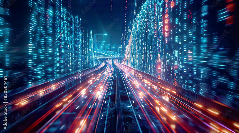 An immersive 3D rendering of an abstract highway path cutting through digital binary towers in a futuristic city An immersive 3D rendering of an abstract highway path cutting through digital binary towers in a futuristic city