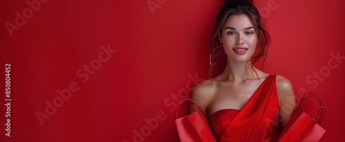 Woman With Blonde Hair Smiles In Red Dress Against Red Wall
