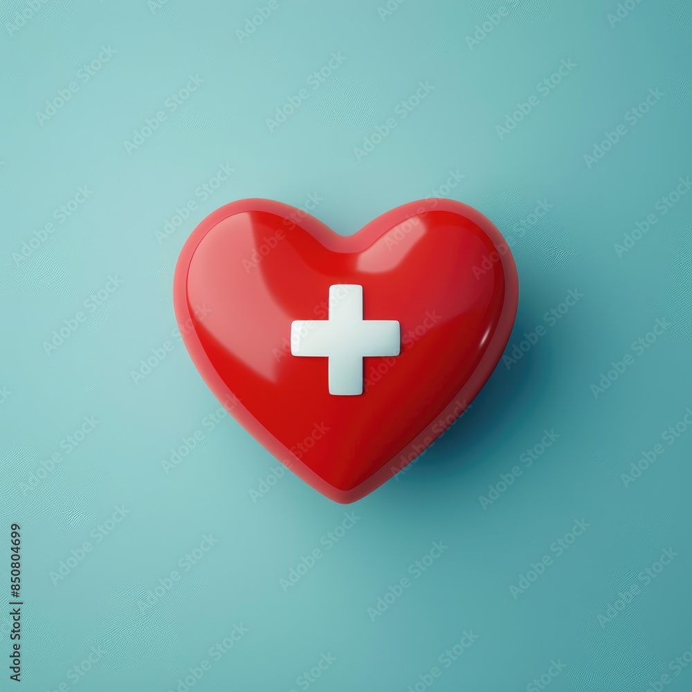 Fototapeta premium Red Heart with White Cross on Blue Background