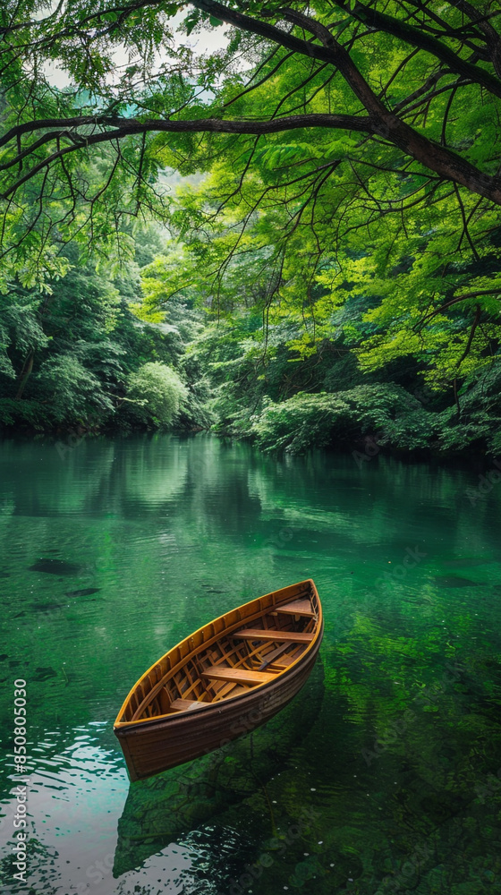 A tranquil river scene with green trees reflecting in the clear water. A lone wooden boat floats smoothly on the river, creating a peaceful and almost fairy tale atmosphere of natural beauty. A tranquil river scene with green trees reflecting in the clear water. A lone wooden boat floats smoothly on the river, creating a peaceful and almost fairy tale atmosphere of natural beauty.