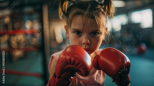 Determined young girl with boxing gloves training in a gym, showcasing strength and focus. Inspirational moment of youth empowerment. © LightoLife