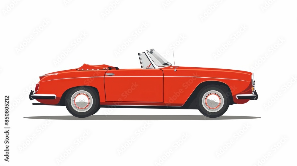 Classic red convertible car traveling in style on a white background with the top down and wind blowing through the hair Classic red convertible car traveling in style on a white background with the top down and wind blowing through the hair