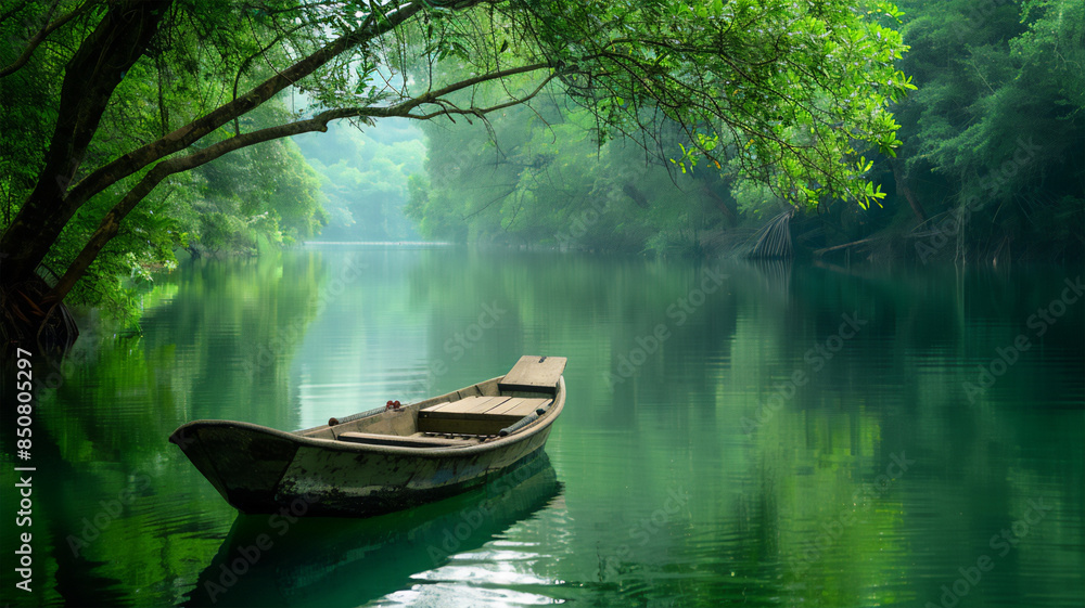 A tranquil river scene with green trees reflecting in the clear water. A lone wooden boat floats smoothly on the river, creating a peaceful and almost fairy tale atmosphere of natural beauty. A tranquil river scene with green trees reflecting in the clear water. A lone wooden boat floats smoothly on the river, creating a peaceful and almost fairy tale atmosphere of natural beauty.