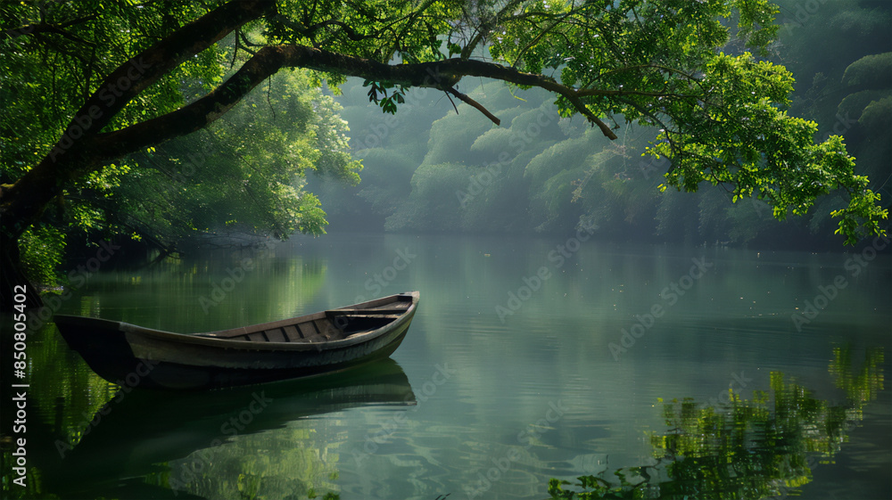 A tranquil river scene with green trees reflecting in the clear water. A lone wooden boat floats smoothly on the river, creating a peaceful and almost fairy tale atmosphere of natural beauty. A tranquil river scene with green trees reflecting in the clear water. A lone wooden boat floats smoothly on the river, creating a peaceful and almost fairy tale atmosphere of natural beauty.