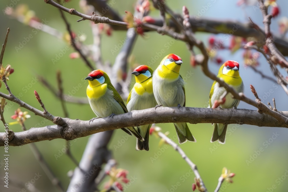 Obraz premium Four Colorful Birds Perched on a Branch