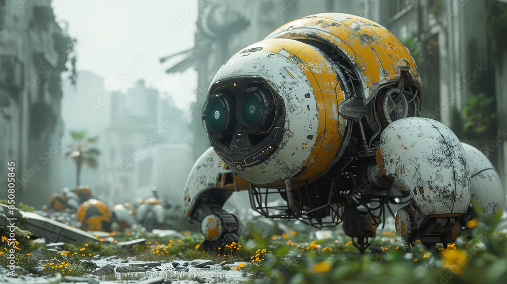 A robot is walking through a field of yellow flowers. The robot is yellow and white and has two eyes. The robot is surrounded by many other robots, some of which are yellow and white A robot is walking through a field of yellow flowers. The robot is yellow and white and has two eyes. The robot is surrounded by many other robots, some of which are yellow and white