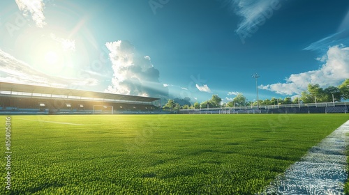 Dynamic Soccer Goal Concept in Intense Atmosphere, Featuring 3D Detailed Illustrations of a Soccer Ball and Stadium Field Under Blue Sky and Sunshine. High-Resolution.