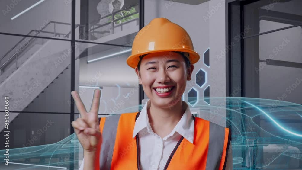 Close Up Of Asian Female Engineer With Safety Helmet Smiling And Showing Peace Gesture While Standing With Concept of Electric Vehicle Close Up Of Asian Female Engineer With Safety Helmet Smiling And Showing Peace Gesture While Standing With Concept of Electric Vehicle