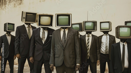 Two suited men with vintage televisions for heads standing in an urban setting, symbolizing a blend of nostalgia and modernity.