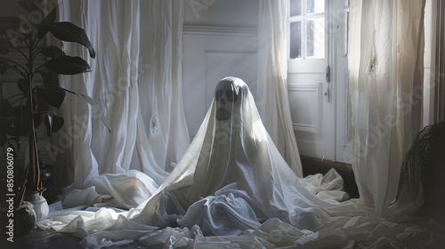 Apparition draped in a white sheet sits hauntingly in a dimly lit room, evoking eerie and mysterious elements of supernatural folklore. © VK Studio