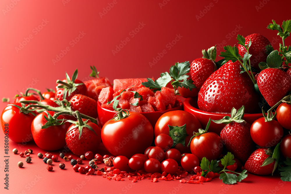strawberries on a red background, A striking red monochrome gourmet food concept featuring an elegant arrangement of various red foods strawberries on a red background, A striking red monochrome gourmet food concept featuring an elegant arrangement of various red foods