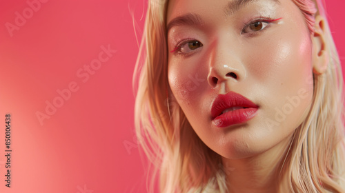 Wallpaper Mural Close-up of a striking woman with blond hair and vivid red lipstick standing against a bold pink background. Torontodigital.ca