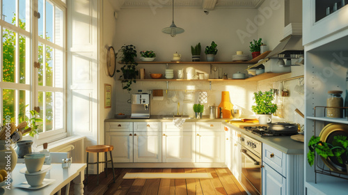 A sunlit, cozy kitchen with white cabinets and wooden accents, full of plants, creating a warm and inviting atmosphere.