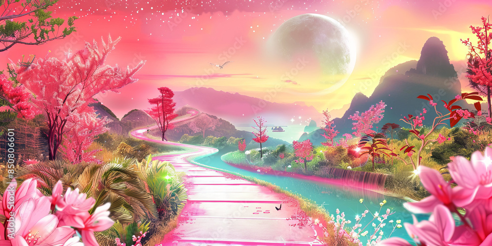 Naklejka premium Psychedelic Landscape with Glowing Pathways to Other Realms Gen AI