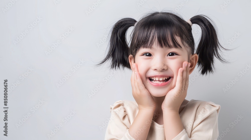Smiling young asian girl with black pigtails, resting her face in her hands, against a soft white background. Happiness and childhood concept. Smiling young asian girl with black pigtails, resting her face in her hands, against a soft white background. Happiness and childhood concept.