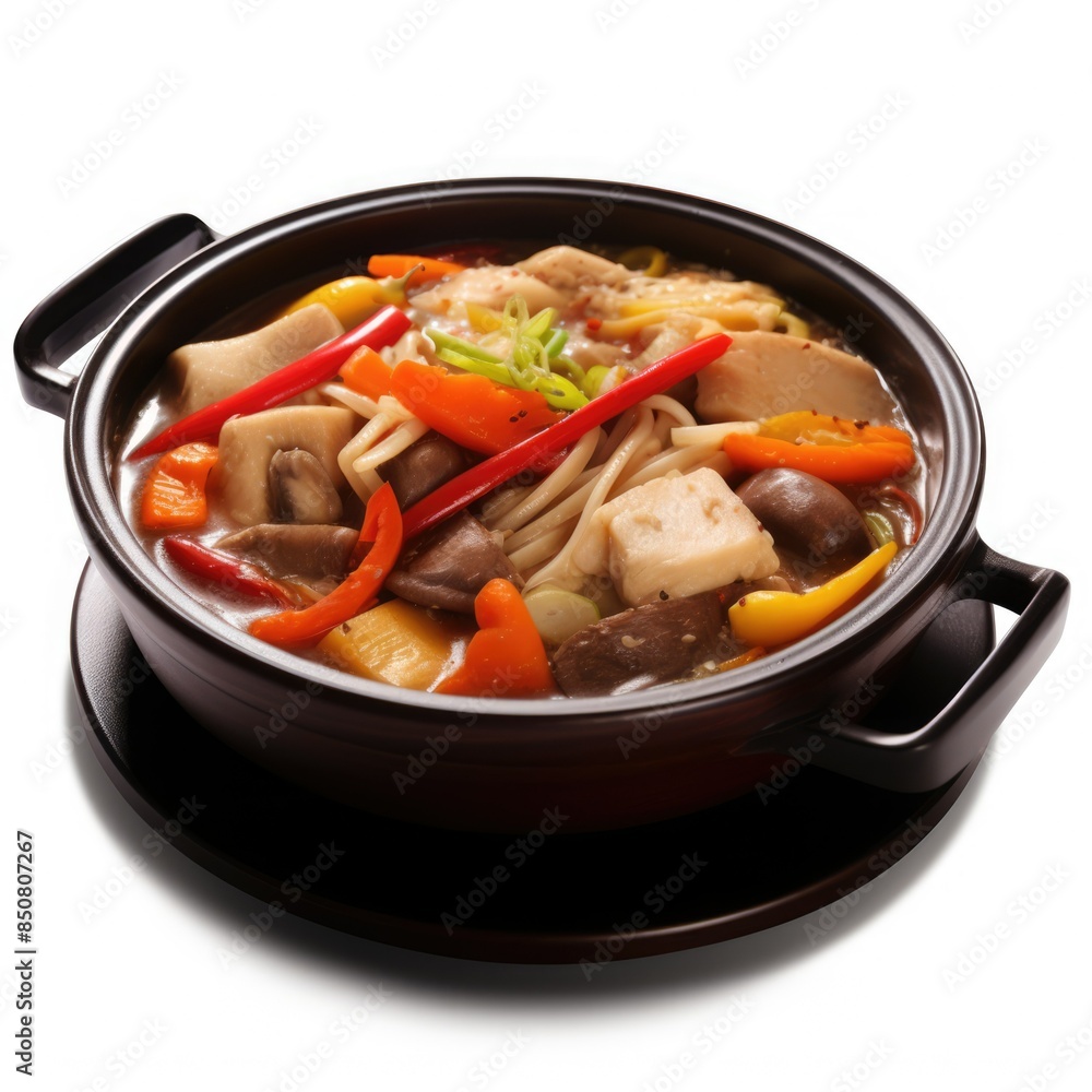 Lagman soup in a saucepan on a white background Lagman soup in a saucepan on a white background