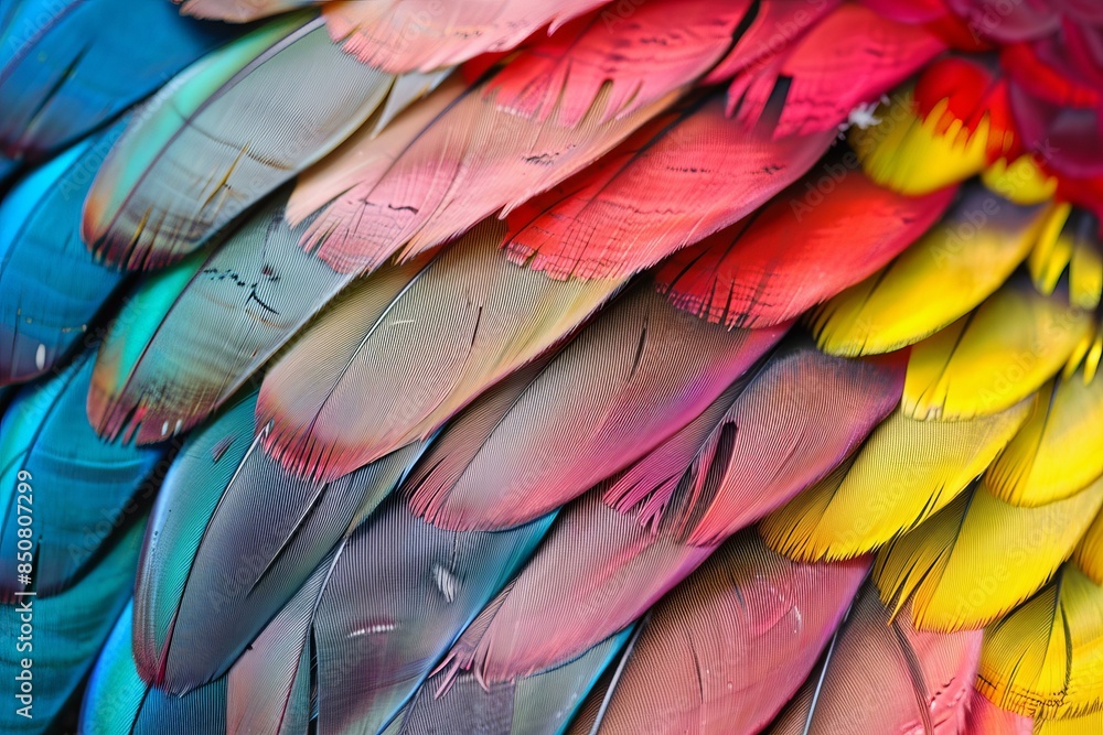 Obraz premium Vibrant closeup of multicolored parrot feathers showcasing intricate textures