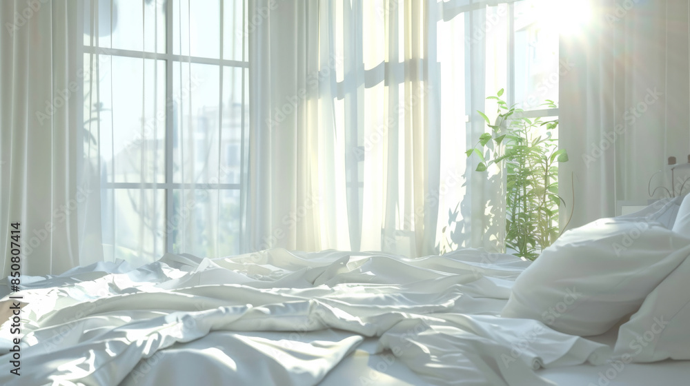 Soft morning light floods into a minimalist bedroom with an unmade bed, creating an atmosphere of tranquility and peace. Soft morning light floods into a minimalist bedroom with an unmade bed, creating an atmosphere of tranquility and peace.