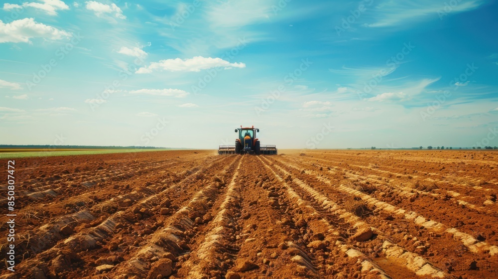 Obraz premium A tractor plowing a vast field under a clear blue sky, preparing the soil for planting, showcasing modern agricultural practices. 