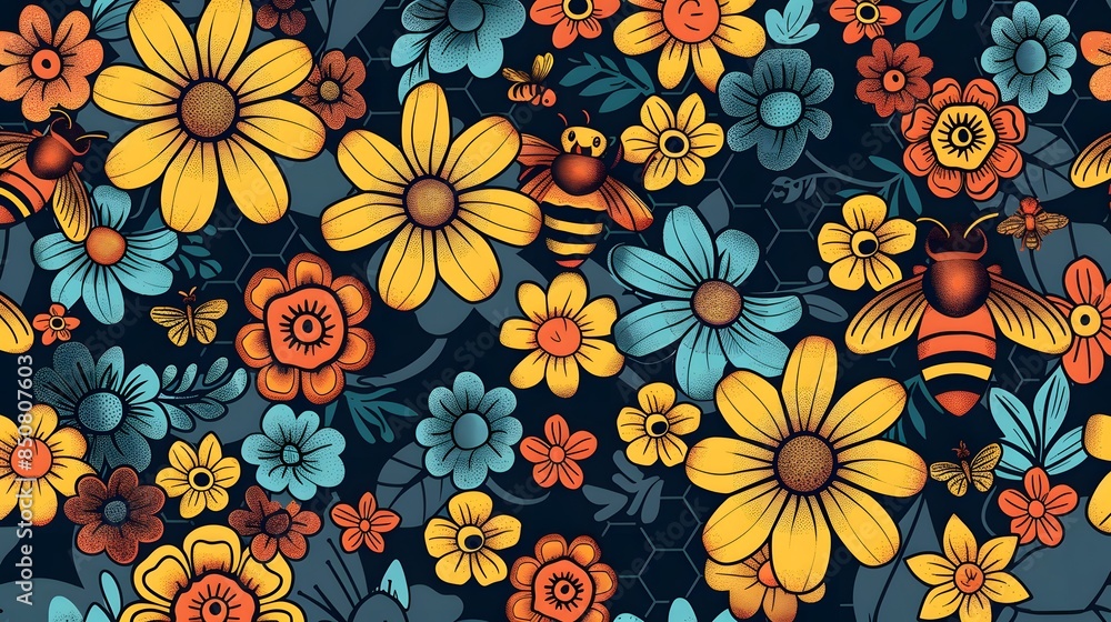 Retro 70s 60s groovy hippie flower bee honeycomb vector seamless pattern. Summer honey lover background. Bee aesthetic surface design
Retro 70s 60s groovy hippie flower bee honeycomb vector seamless pattern. Summer honey lover background. Bee aesthetic surface design