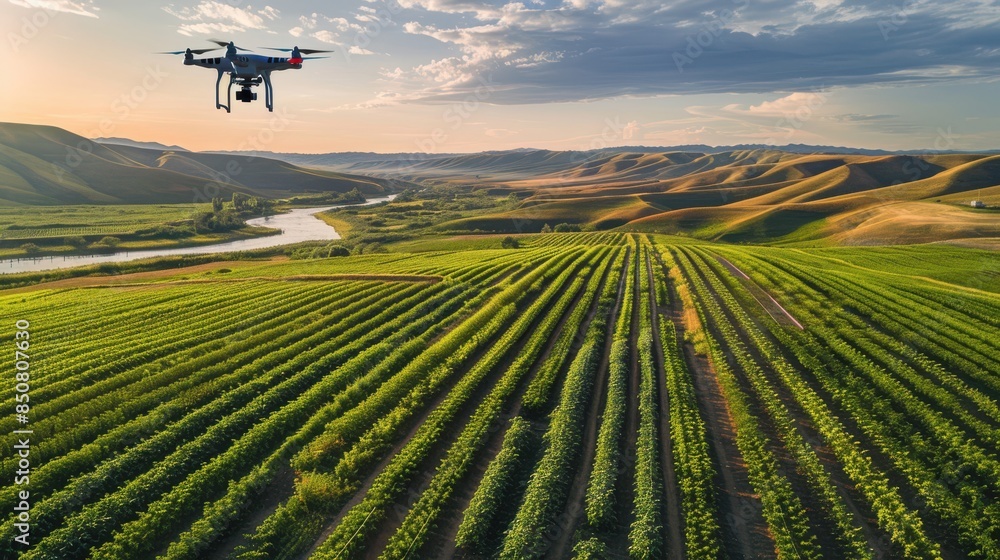 A drone flies over lush agricultural fields with rolling hills and a river in the background, showcasing modern farming and scenic landscape.
A drone flies over lush agricultural fields with rolling hills and a river in the background, showcasing modern farming and scenic landscape.