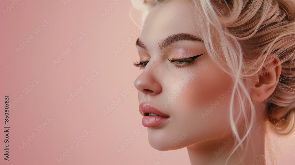 Fototapeta premium Elegant female profile with detailed makeup, against a pink backdrop, capturing soft highlights and serene expression.