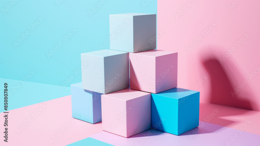 A neatly stacked arrangement of pastel blocks on a pink and blue backdrop embodies modern simplicity. A neatly stacked arrangement of pastel blocks on a pink and blue backdrop embodies modern simplicity.