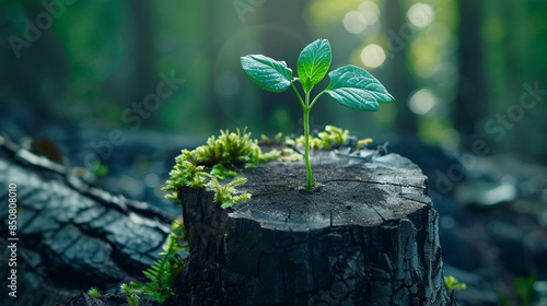 A new sprout growing on the stump of an old tree in the forest