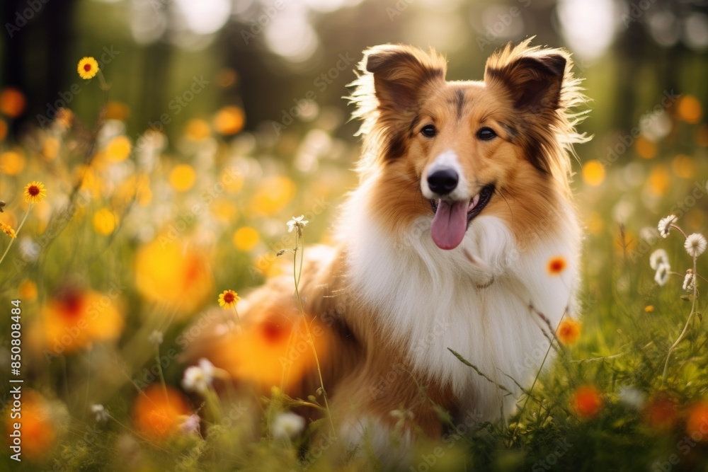 Portrait of a funny shetland sheepdog while standing against bright spring meadow Portrait of a funny shetland sheepdog while standing against bright spring meadow