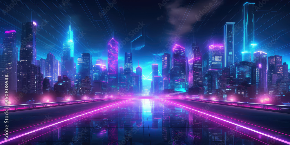 Futuristic Neon City Lights Reflecting on Water Futuristic Neon City Lights Reflecting on Water