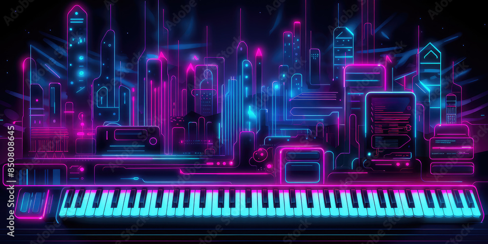 Fototapeta premium Neon Futuristic City Keyboard Synthesizer Design