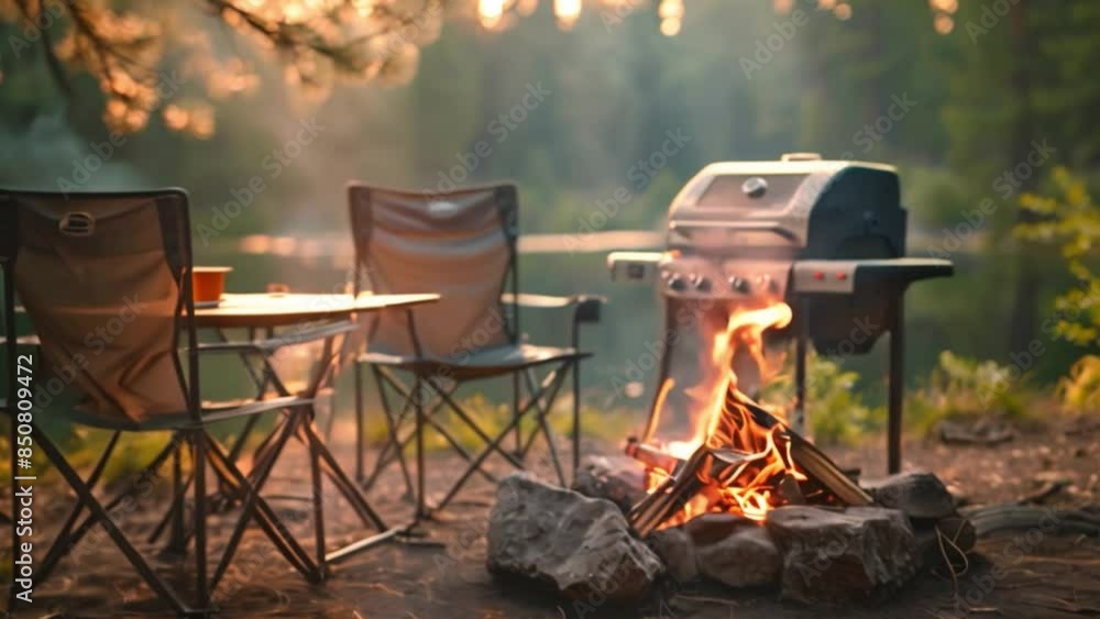 This propane grill is set up next to a small campfire in the woods with two folding chairs nearby. This propane grill is set up next to a small campfire in the woods with two folding chairs nearby.
