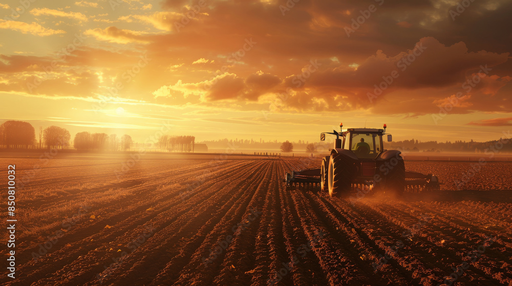 Fototapeta premium A tractor cruises through a field at sunset, producing a dramatic silhouette against a richly colored sky.