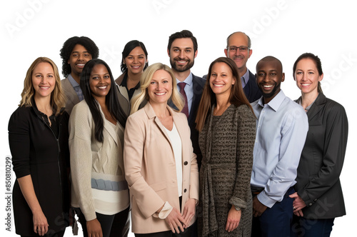 A diverse group of corporate employees happily posing for a group photo.