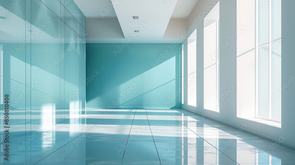 Fototapeta premium empty modern stylish light blue room glass material natural light front view perspective