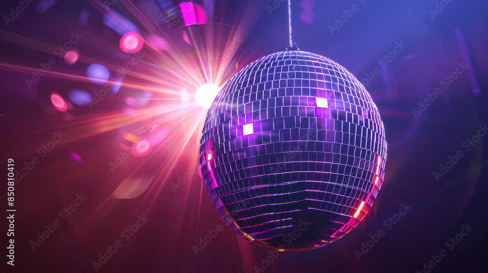 Obraz premium A sparkling disco ball hanging in a vibrant, colorful environment, illuminated by bright lights and beams.