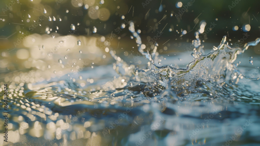 A close-up capture of water droplets splashing in a serene natural setting, with sparkling bokeh effects highlighting the moment. A close-up capture of water droplets splashing in a serene natural setting, with sparkling bokeh effects highlighting the moment.
