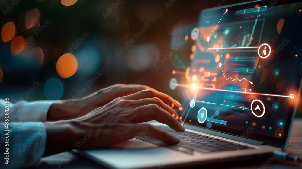 Fototapeta premium Person working on a laptop with data visualizations and graphical interface overlays, signifying analytics, data science, and tech-driven decision-making.