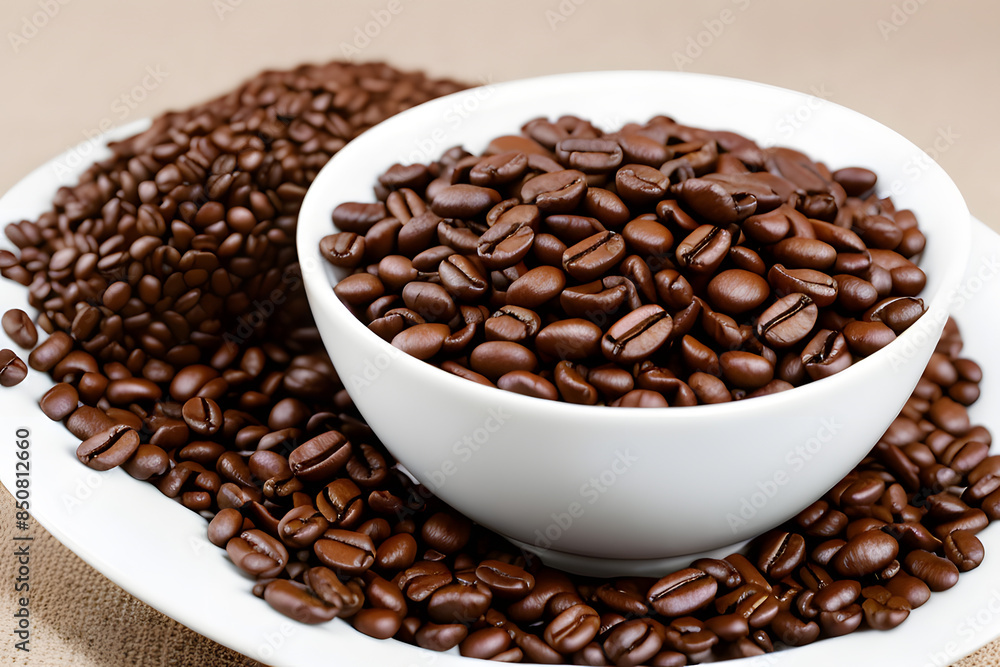 Fototapeta premium A cup of coffee bean. Close-up of roasted brown coffee beans in a white cup.