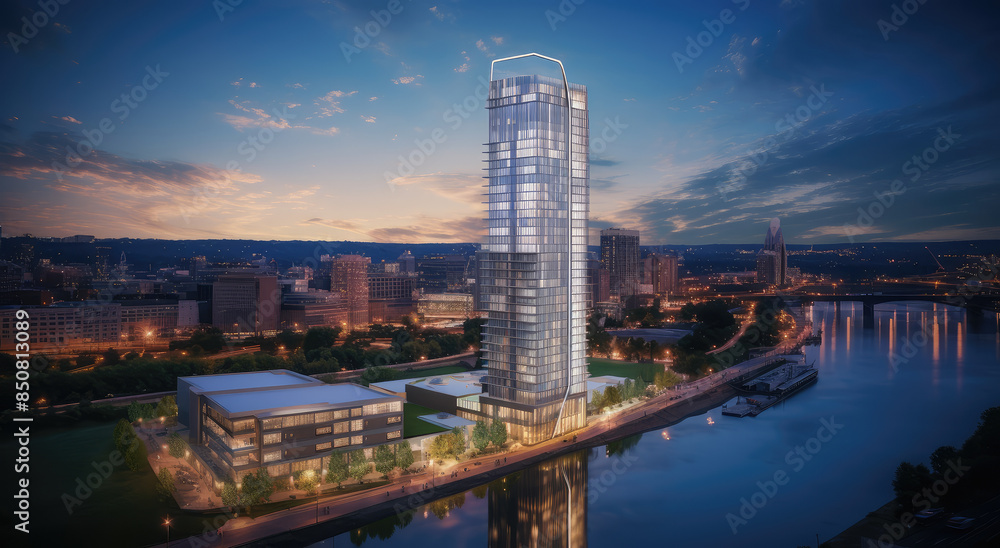 Naklejka premium Modern Urban Skyscraper at Sunset