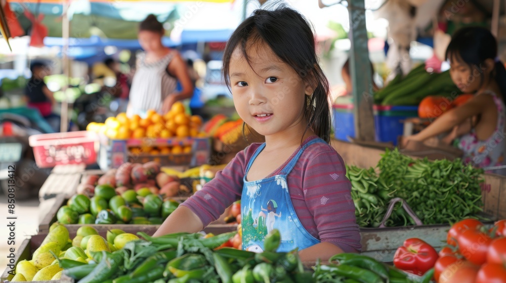 Market Shopping Experience: Show children exploring a local market, interacting with vendors and choosing fresh produce, with a vibrant and inclusive atmosphere. Market Shopping Experience: Show children exploring a local market, interacting with vendors and choosing fresh produce, with a vibrant and inclusive atmosphere.