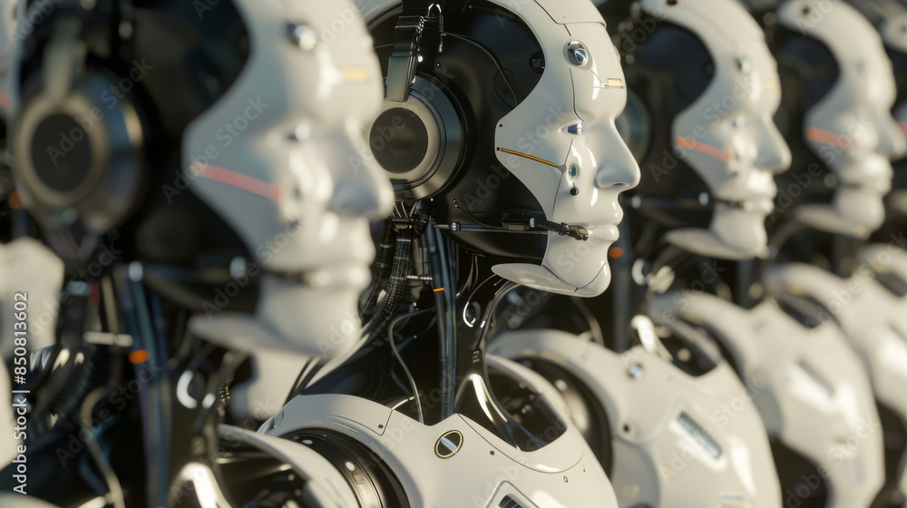 Rows of hyper-realistic humanoid robots in a production line, showcasing advanced technology and precision engineering. Rows of hyper-realistic humanoid robots in a production line, showcasing advanced technology and precision engineering.